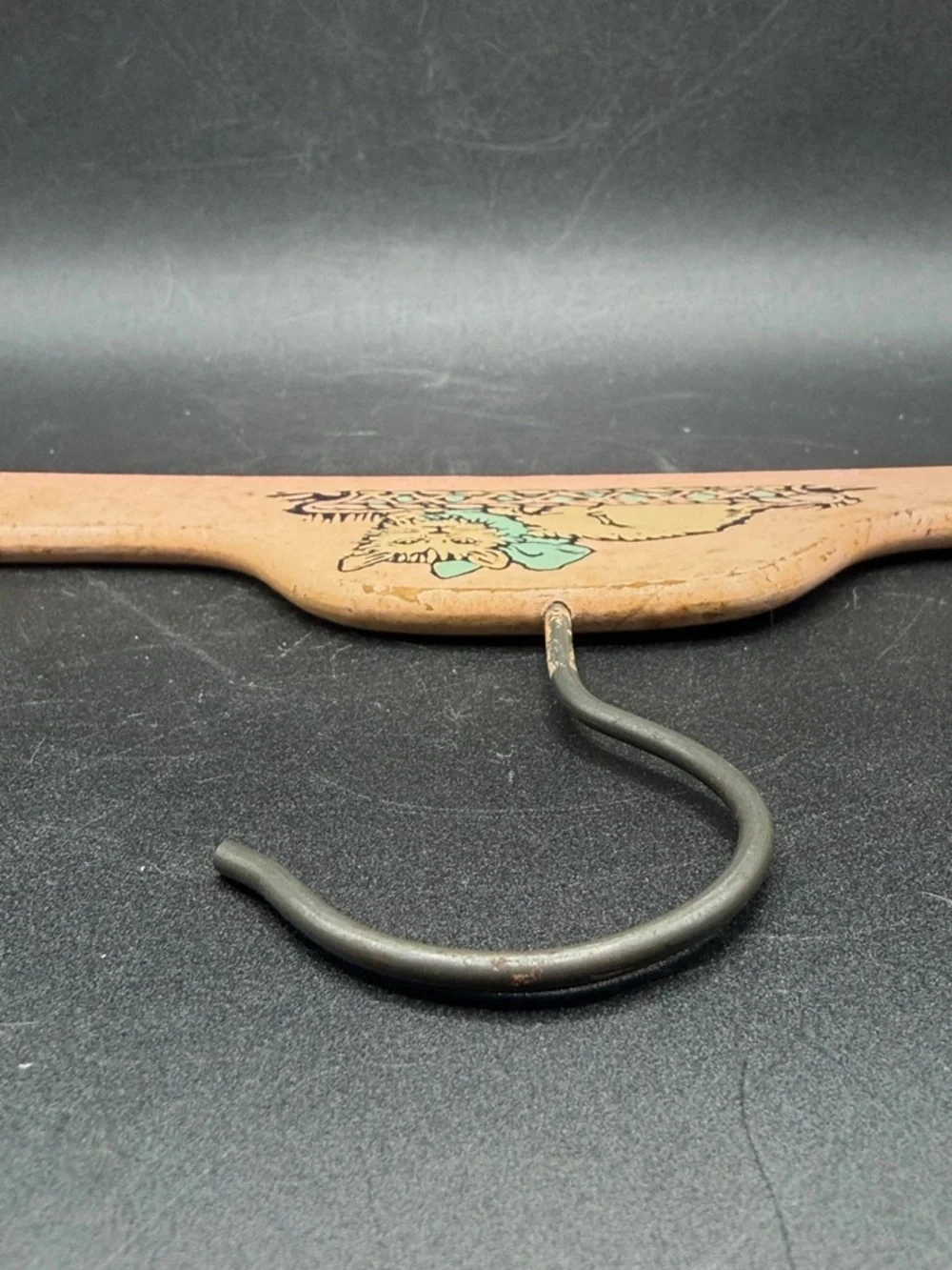 1930s Vintage Children's Wooden Clothing Hanger Pink Kitten Cat With Blue Bow